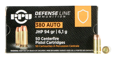 Prvi PPU 380 Auto Ammunition Defense PPD380A 94 Grain Jacketed Hollow Point 50 rounds