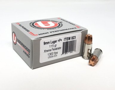 Underwood 9mm Luger +P Ammunition 115 Grain Xtreme Penetrator UW823 20 Rounds