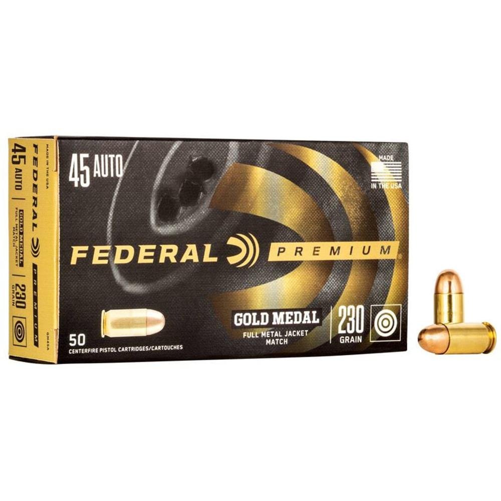 https3A2F2Fmedia.chattanoogashooting.com2Fimages2Fproduct2FFAGM45A2FFAGM45A-1.jpg Federal Premium Gold Medal Handgun Ammunition .45 ACP 230 gr FMJ 860 fps 50/box