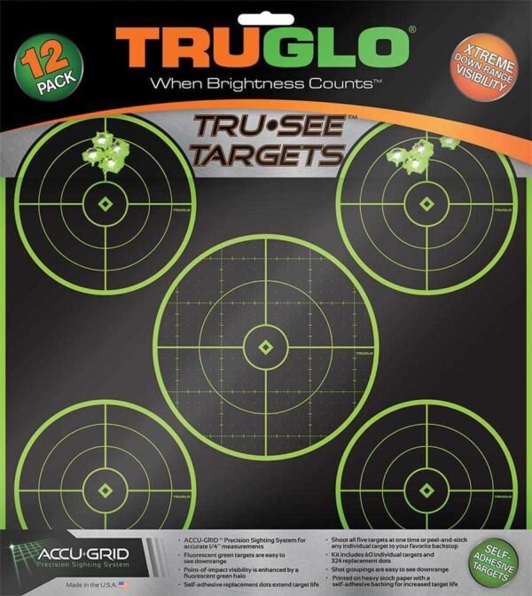 TRUGLO TRU-SEE Self Adhesive Targets - 5 Bullseye 12x12 Green 12 Pack