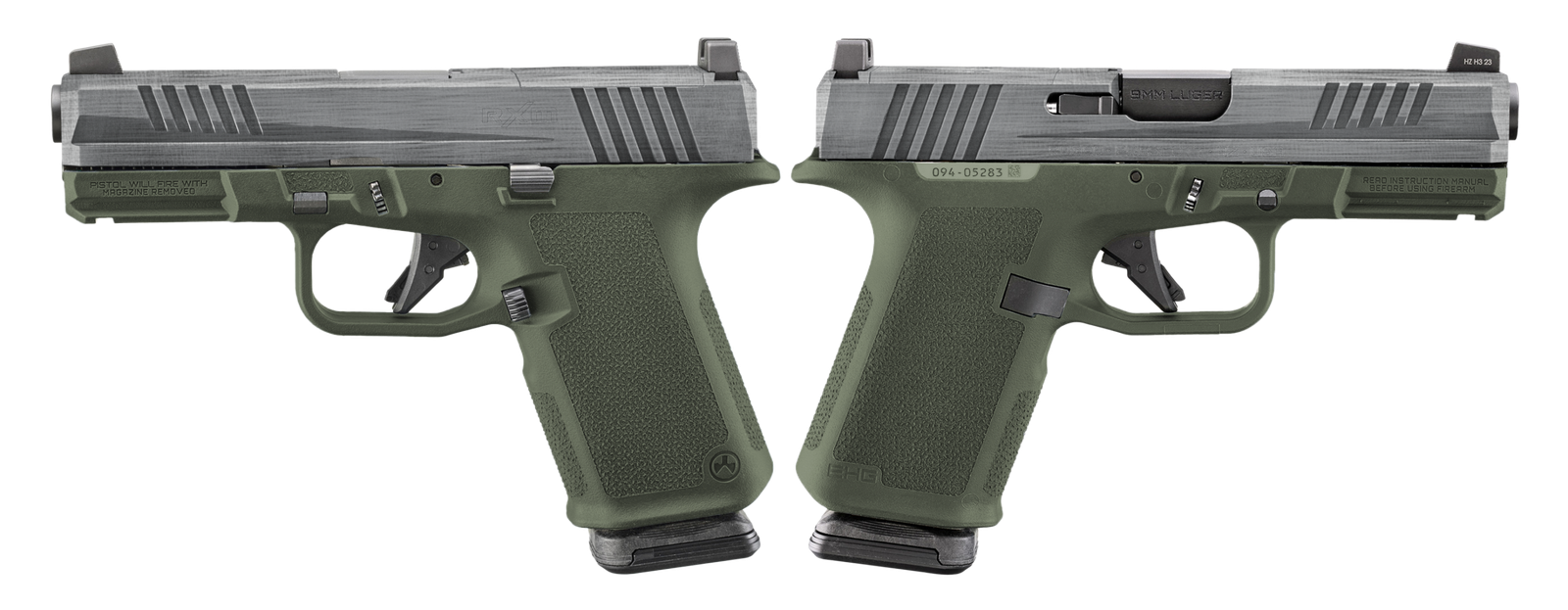 RUGER RXM 9MM PISTOL 4" CRUSHED SILVER BATTLE WORN/GREEN O.R. 2-15RD MAGS - ORION EXCLUSIVE